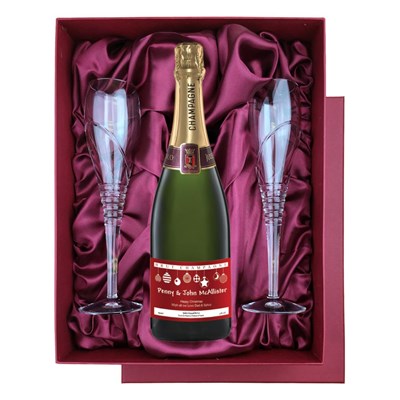 Personalised Champagne - Xmas 2 Label in Red Luxury Presentation Set With Flutes